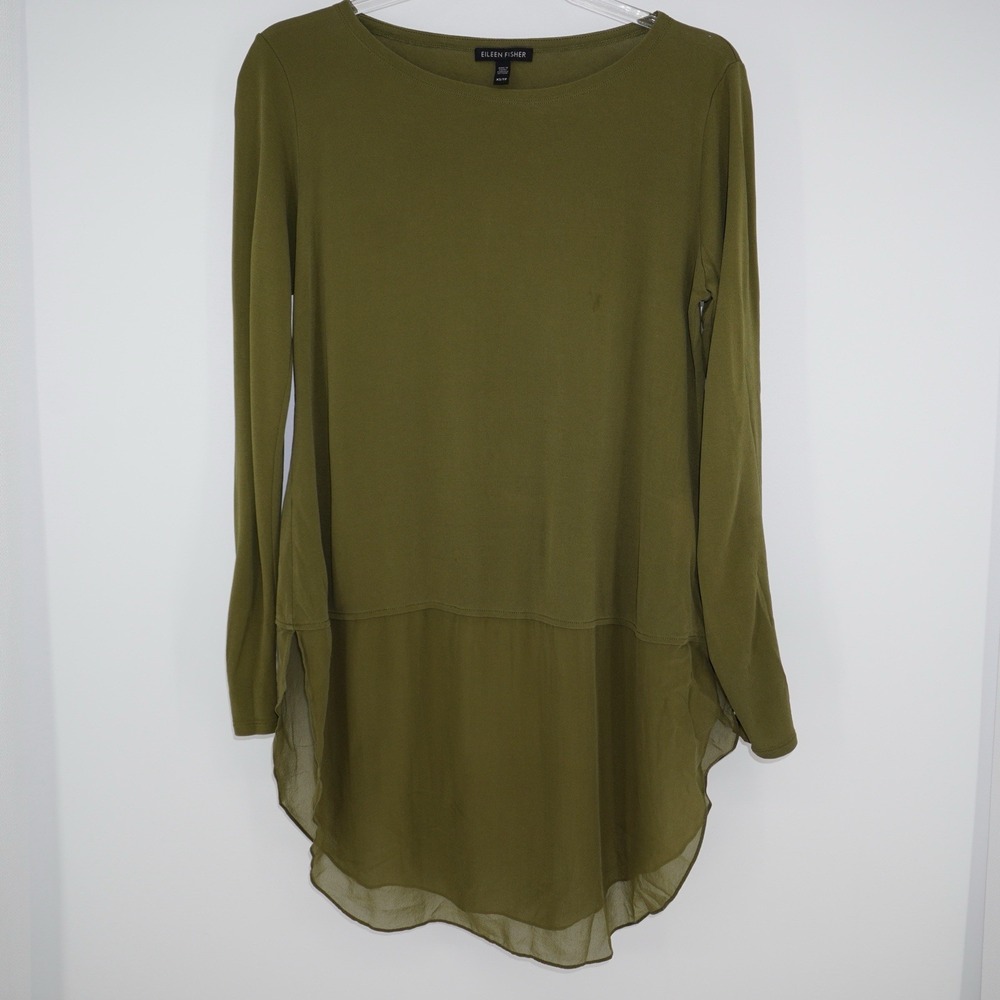 Eileen Fisher 100% Silk Top Army Green Long Sleeve Minimalist Quiet Luxury XS